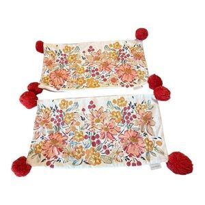 2 EnVogue Coral Embroidered Floral Applique Oblong Pillow Cover Set with Pom Pom